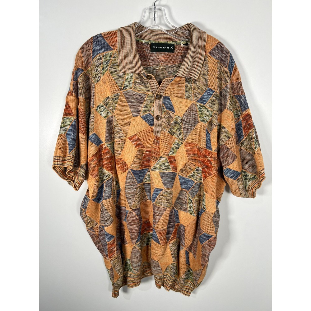 Vintage Tundra Orange Geometric Knit Short Sleeve Polo Sweater Retro 90s 3X